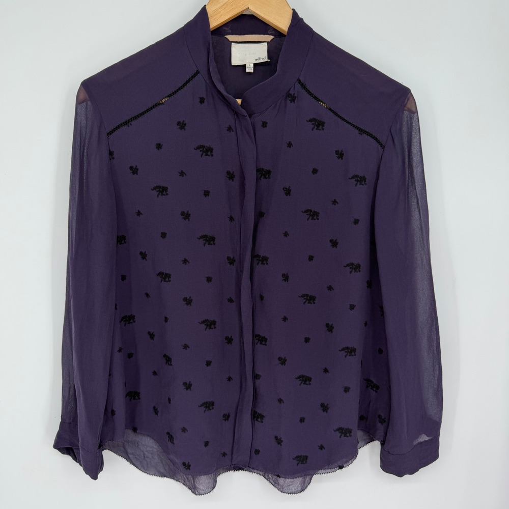 Wilfred Le Fou Silk Sheer Blouse Purple Tiger Embroidered Lace Trim Top Large